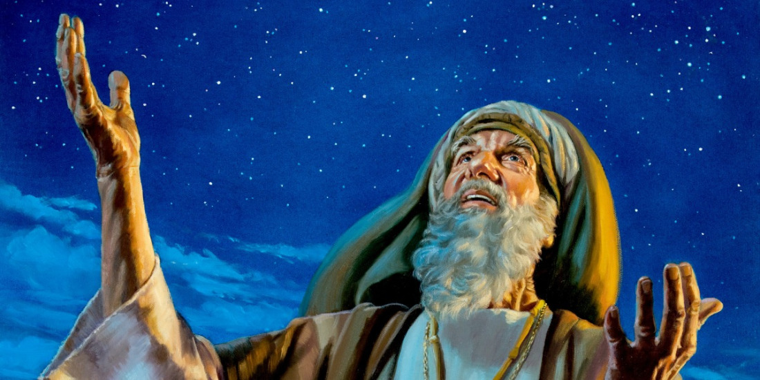 Abraham looking at the stars with arms lifted