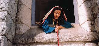 Rahab: woman lowering rope from window