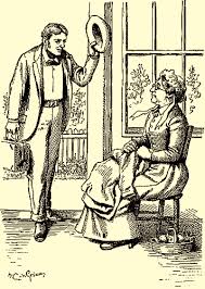 illustration of man removing hat in woman's presence