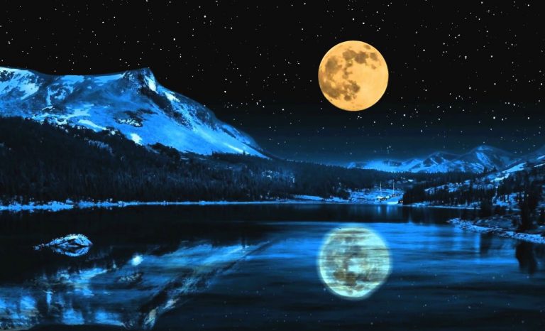 moon in the sky, reflected on a lake